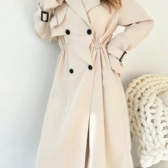 Khaki Elegant Women's Cinched Waist Double Breasted Mid-Length Trench Coat - Picture 7 of 8